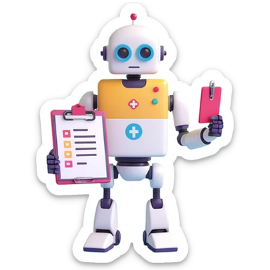 digital robot with a clipboard and a plus sign, Slack color palette, modern easy to recognize profile icon, representing onboarding new company to B2B SaaS LLM evaluation workspace sticker