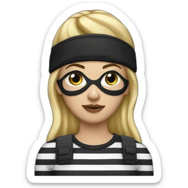bank robber blonde woman with black beanie hat eye mask and striped shirt sticker