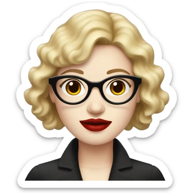 Woman with red wavy bobcut and black cateye glasses, pale skin and red lipstic sticker