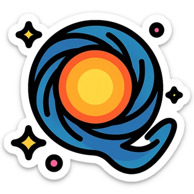 letter Q designed as a quasar, luminous core, spiral arms, space theme, energetic and colorful sticker