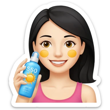 female character with black hair holding sunscreen bottle labeled SPF 50, applying sunscreen to cheek sticker