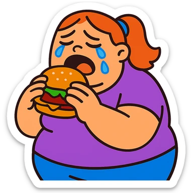 vibrant toon style fat girl crying and eating a burger sticker