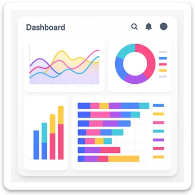 modern flat dashboard with colorful graphs and charts, clean UI sticker