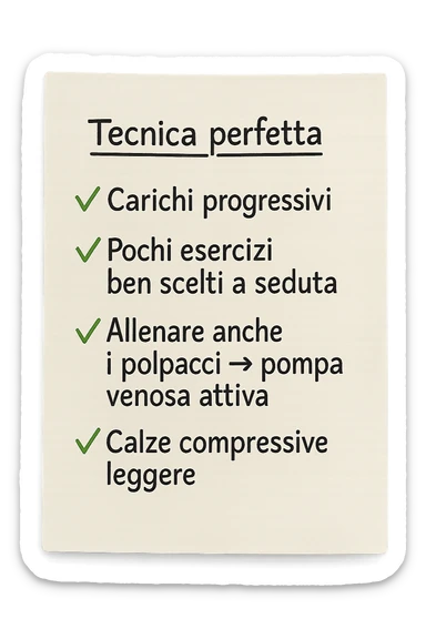 FOGLIO DI CARTA PER L'ALLENAMENTO IN PALESTRA CON LA SCRITTA "Tecnica perfetta
 ✅ Carichi progressivi
 ✅ Pochi esercizi ben scelti a seduta
 ✅ Allenare anche i polpacci → pompa venosa attiva
 ✅ Calze compressive leggere" , IPERREALISTICA 4K sticker