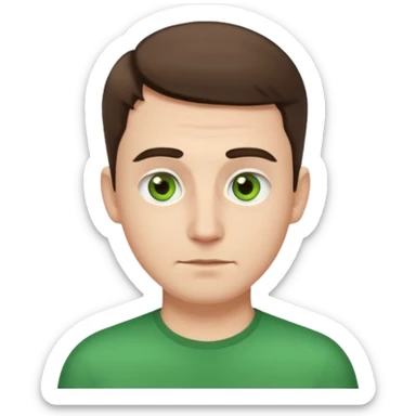 young white man, round face, wide nose, big eyebrows, no beard, very short brown hair, green eyes, emoji style sticker