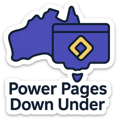 Make the icon more colorful by using #403DAD, a vibrant purple, and #fff7ad as accent colors. Keep the map of Australia with the official Microsoft Power Pages icon overlay and the text 'Power Pages Down Under' in a clean, modern font. No digital web overlay sticker