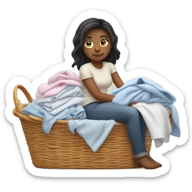Girl laying on tall pile of laundry in a basket sticker