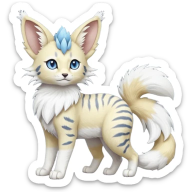 Albino-white, blue-eyed soft natural realistic romantic vintage antique divine beautiful elegant pretty precious cute young youthful  Fakémon-Pokémon-feline-Zeraora-Jolteon-serval-caracal-chinchilla-Minccino-Cinccino-Meowstic-rodent-hybrid-creature with a big fluffy bushy tail (full body) sticker