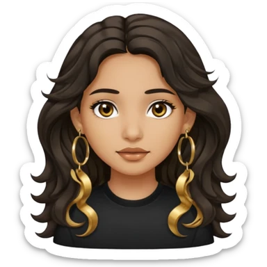 Girl with olive skin, very dark brown eyes and dark wavy long hair. wearing black shirt and gold hoop earrings sticker