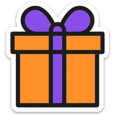 A vibrant orange gift box with a purple ribbon sticker