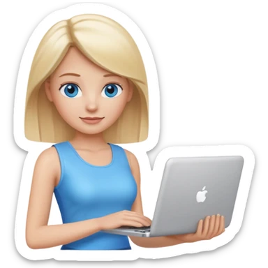3D Apple-style emoji of a blonde woman with bright blue eyes,
wearing a white sleeveless top,
holding a silver laptop,
clean white background, smooth rounded design
 sticker