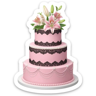 Pastel pink wedding cake with and with black and white lace, pearls and lilies on top sticker
