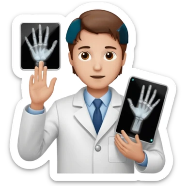 Radiografía de mano sostenida por un hombre con bata blanca  piel clara cabello café sticker