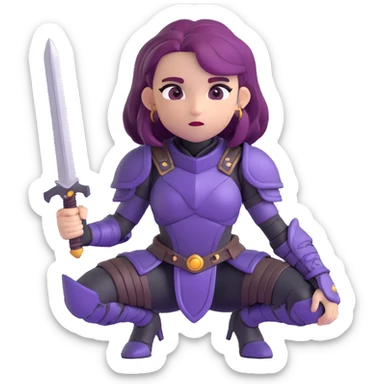 mysterious warrior girl with flowing purple hair, dressed in black armor, crouched and ready to spring into action, emoji style sticker