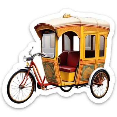 Cyclo rickshaw – Cinematic Realistic Cyclo Rickshaw, depicted as a charming, ornately painted three-wheeled cycle taxi with vintage detailing, set on bustling city streets under dynamic urban lighting that evokes cultural heritage and nostalgic charm. sticker