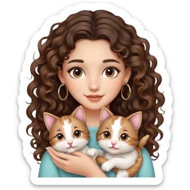 cute girl long brunette balayage curly/wavy not voluminous hair, brown eyes, hoop earrings, natural pretty clean girl makeup: SUUUUPER happy while holding kitties sticker