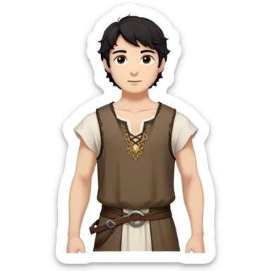 medieval summer outfit worn by a DnD themed fantasy male character. thin, sleeveless cotton tunic with a deep neckline and reinforced stitching around the shoulders. clothes only above the waist. The clothes full waist. The character's haven't arms. character is white-skinned, black hair, brown eyes, short wavy hair. sticker