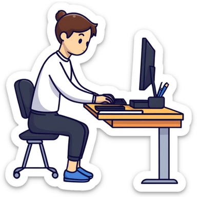 Person sitting at desk with proper ergonomic posture sticker