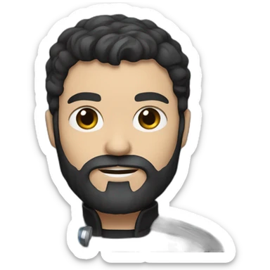 A white Portuguese with black and medium-length hair and a beard that holds a blue lightsaber moto sticker