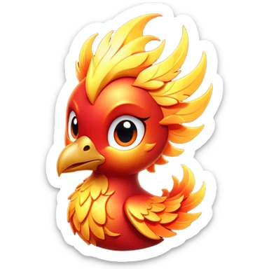 Cinematic Cute Mystical Fire Phoenix Portrait Emoji, Head tilted playfully and inquisitively, showcasing a vibrant, flame-kissed form with intricately detailed feathers in warm shades of red, orange, and shimmering gold, accented by delicate sparks and a gentle, inviting glow; rendered with lifelike detail and soft, radiant light, high shine, enchanting and spirited, styled with a touch of mythic whimsy, soft glowing outline, capturing the essence of a mischievous yet endearing phoenix poised to flutter playfully into your heart! sticker