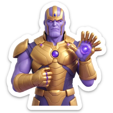 Thanos from Marvel, 3D emoji style, purple skin, gold armor, Infinity Gauntlet, round and shiny sticker