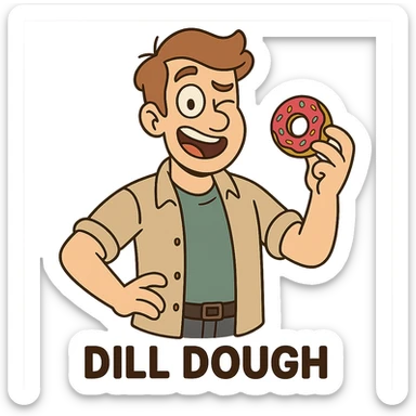 A playful cartoon man named Dill Dough with a doughnut in hand, winking, casual modern clothes, light brown hair, fun and silly vibe. sticker