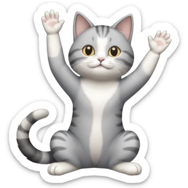 grey and white cat doing a big long stretch reaching up into the air with arms and legs side by side together sticker