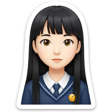 young Asian girl in school uniform, long straight black hair with straight bangs sticker