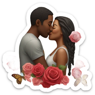 Hyper Realistic Couple kissing surrounded by roses and butterflies  sticker