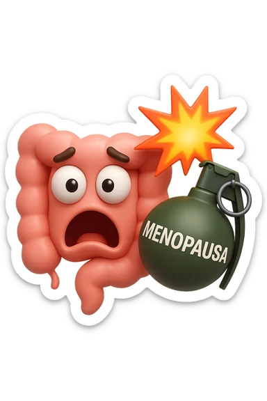 EMOJI STILE IPHONE 3D DI INTESTINO 3D CON ESPRESSIONE SPAVENTATA IN VOLTO MENTRE ACCANTO A LUI SCOPPIA UNA GRANATA 3D CON LA SCRITTA "MENOPAUSA" SOPRA, FAGLI ANCHE LA PARTE BIANCA DEGLI OCCHI, NON SOLO LA PUPILLA sticker