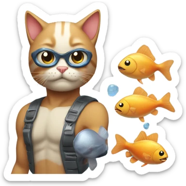 Cat with muscles and a fish pet  sticker