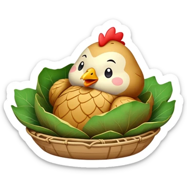 Beggar's Chicken wrapped in lotus leaf and clay, simplified emoji style with bold outlines and bright colors, cartoon style traditional Hangzhou dish before cracking sticker