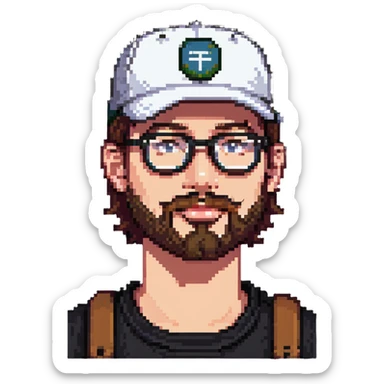 adventurer with goatee beard (no beard on cheeks), short hair, glasses and backwards baseball cap sticker