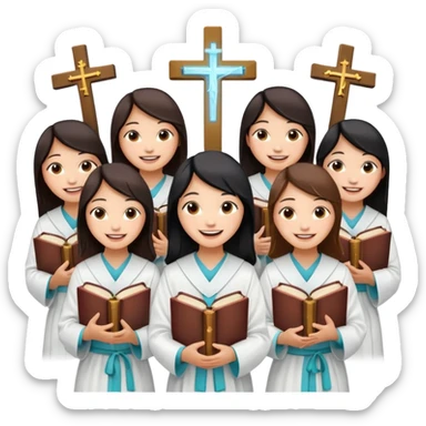 eight asian girls holding bibles and crosses and laughing to each other sticker