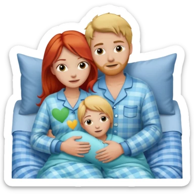 Red hair lady, blonde hair man hugging in bed sticker