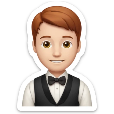 young gentleman emoji, straight auburn hair, wearing a vest and bow tie, warm smile sticker