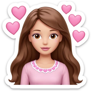 Barbie girl brown long straight wavy hair and brown eyes is In pale pink clothes There are pink hearts all around sticker