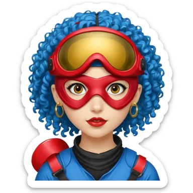 blue curly haired paintball playergirl with huge earrings, wearing red paintball eye mask helmet sticker