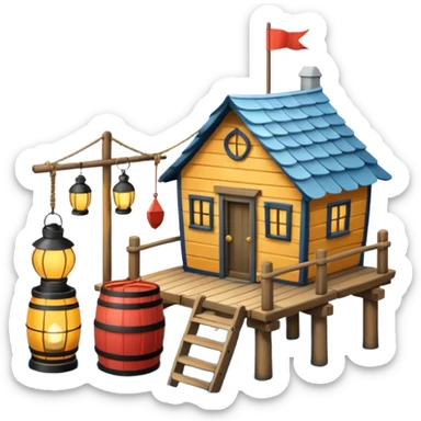
fisherman house on a wooden pier, small dock, fishing nets hanging, barrels, lantern, ocean vibe, 3D cartoon, cute mobile game icon, clean background, no text
 sticker