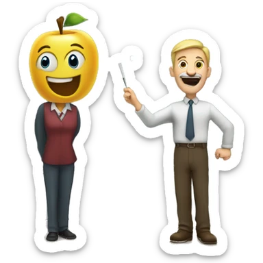 teacher drooling in front of chalkboard, with ruler and apple sticker