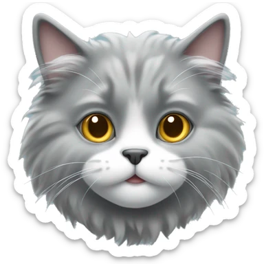 fluffy gray cat with a white muzzle sticker