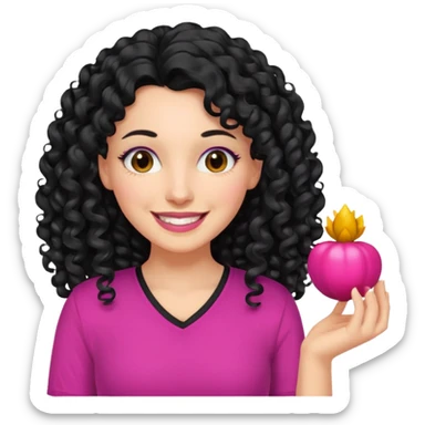 mujer blanca con cabello largo rizado negro sonriendo y con camisa fucsia sticker