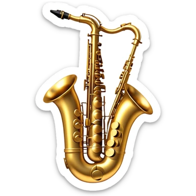 Cinematic Realistic Saxophone, smooth, curving golden brass body, intricate keywork reflecting soft warm light, rich patina adding character, glowing with a jazzy and atmospheric presence. sticker