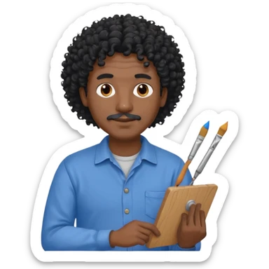 homme 50 ans cheveux frisé noir artiste peintre chemisse bleu sticker