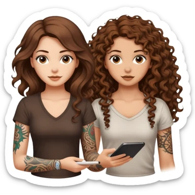 formula drawing — long wavy brown hair tattooed woman and short tight curly brown hair woman — rune sketch ground sticker