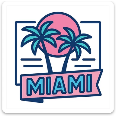 80s Miami neon sign, light pink and blue, palm trees, Vice City vibe, retro aesthetic sticker