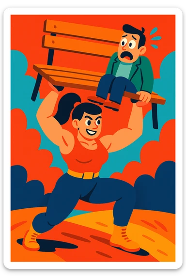 A strong woman holding up a bench with a terrified man sitting on it, vibrant illustration, colorful and dynamic sticker