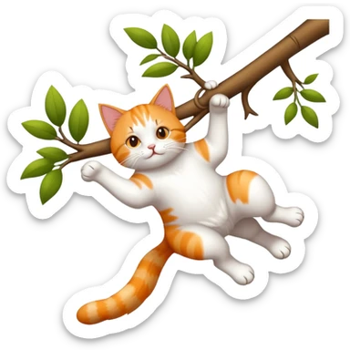Cat dangling from tree branch sticker