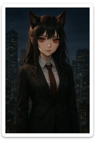 realistic anime catgirl devil in a business suit, subtle horns, red eyes, city skyline at night sticker