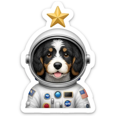 a black and white parti bernedoodle dog, with no brown fur) that is an astronaut giving a gold star sticker